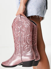 Pink Glitter Embroidered Cowgirl Wide Mid Calf Boots Block Heeled Western Boots